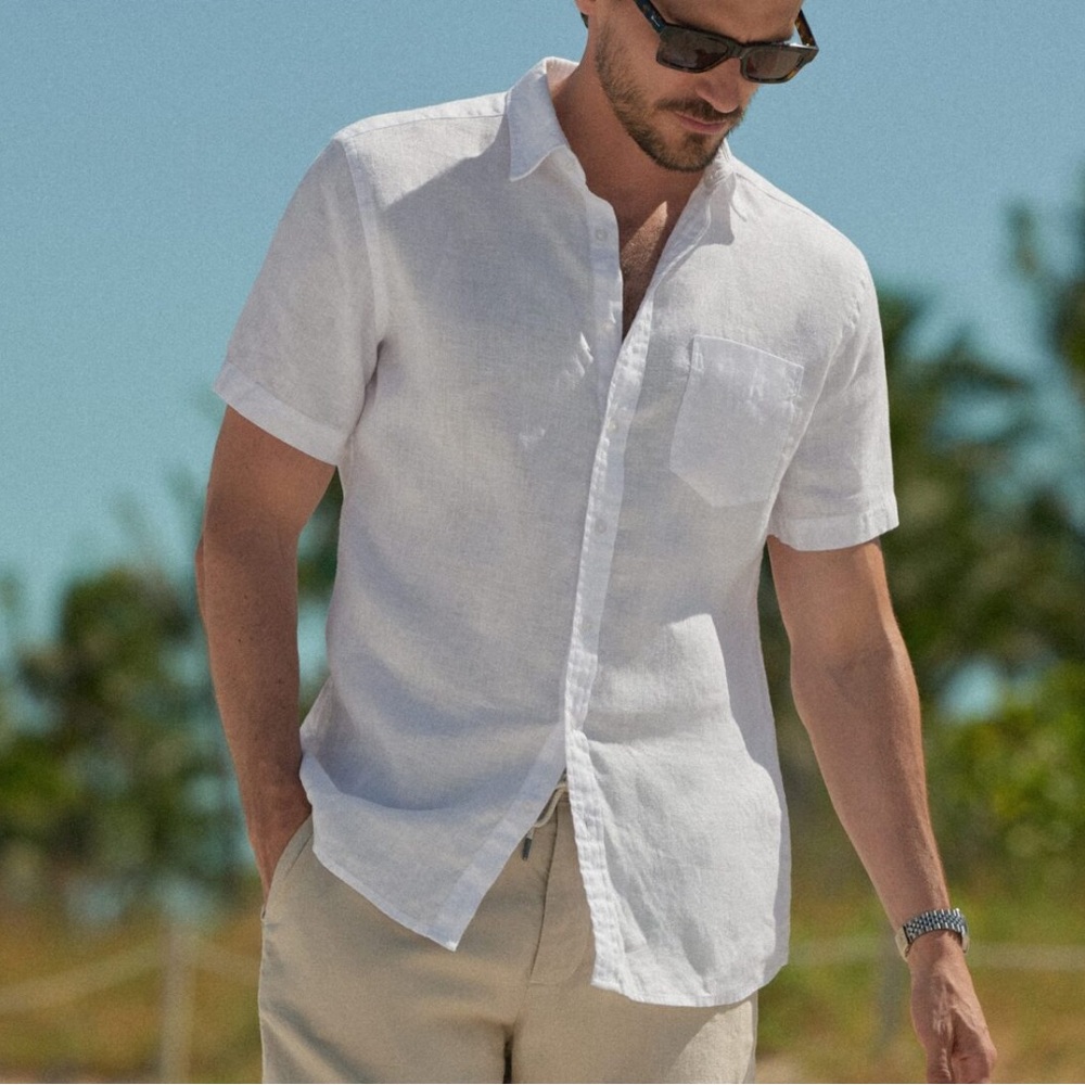 Saks Fifth Ave Blue 💯 Men’s Linen Shirt, short sleeves, chest pocket, Size Small - Picture 7 of 7